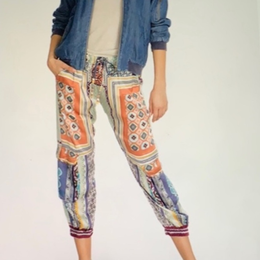 Johnny Was Quiet Luxury Multi Patchwork Designer Cargo Pockets Jogging Pants S